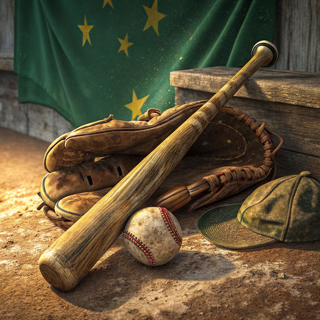 Sports-A weathered, vintage baseball bat with a rounded knob,  leans against a well-worn leather baseball glove, on top of a dusty, homr base. A nearby baseball, its red stitching frayed and unraveling, sits beside a faded, curved-brimmed baseball hat, its fabric worn thin in places.