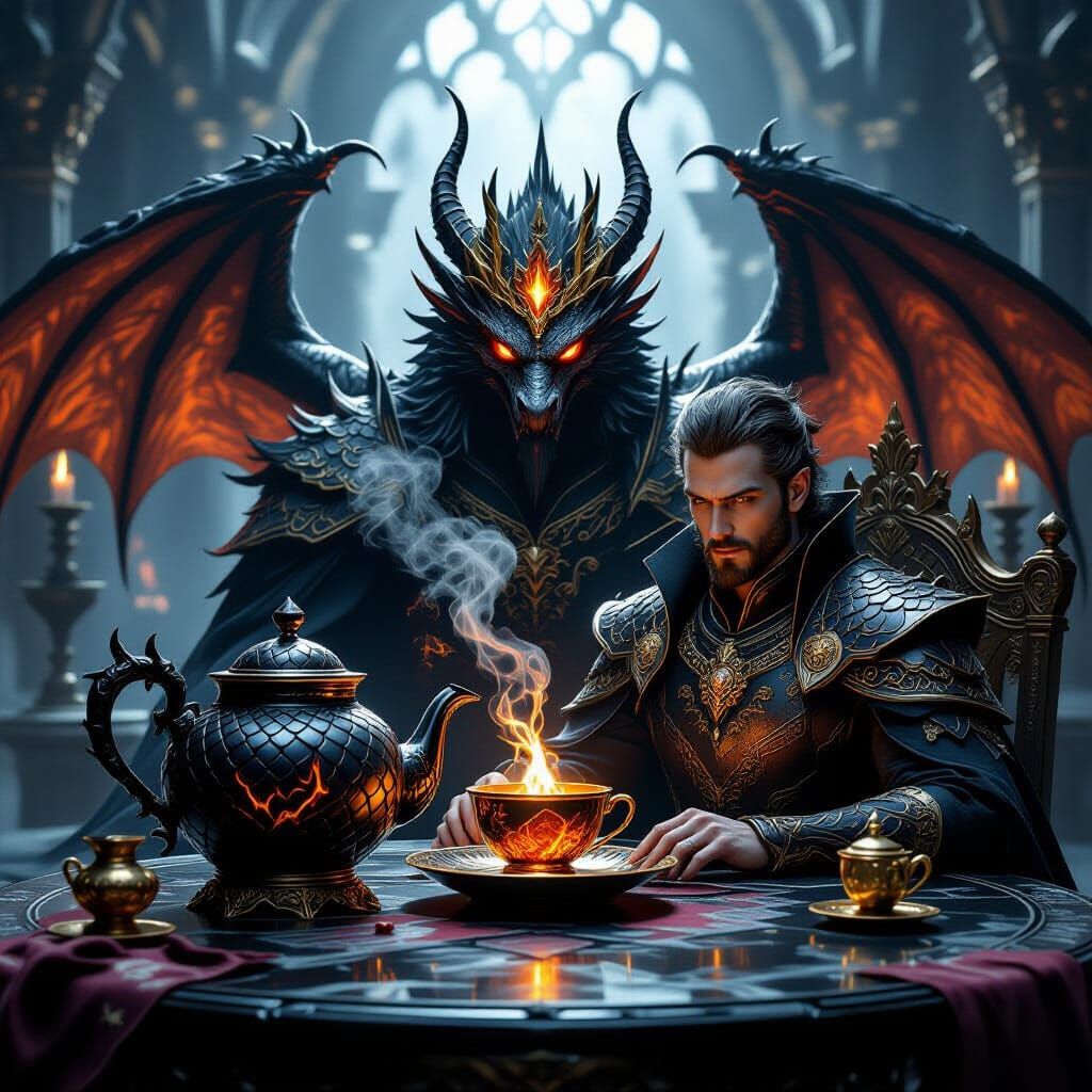 A luxurious, ominous fantasy tea ceremony at a royal dragon court.
The main focus is an ancient enchanted ...  by @Tahlia