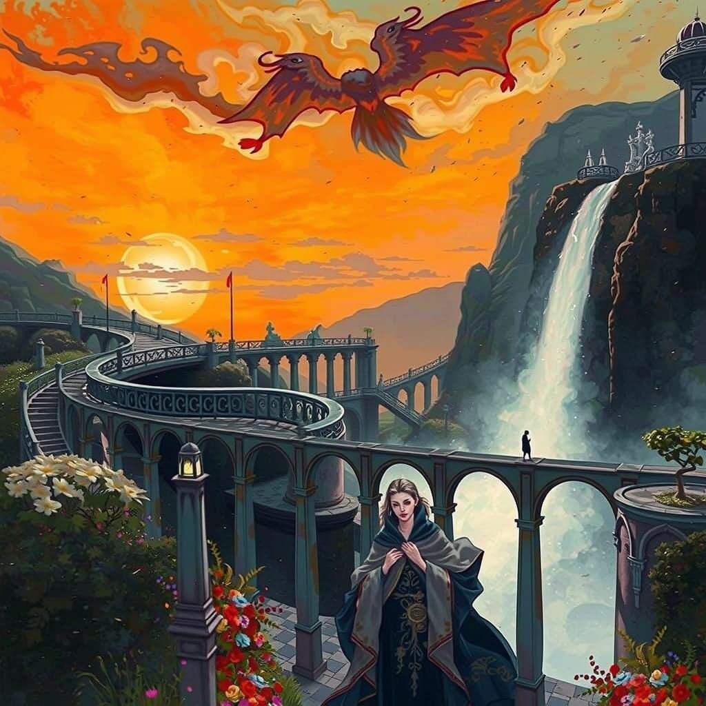 Surreal Art Nouveau Woman Enters Glowing Portal