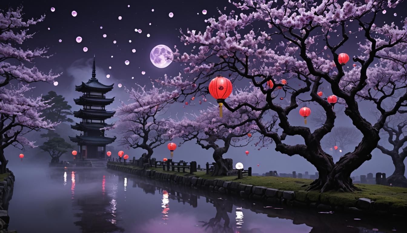 Japanese blossom tree, flying purple pedals, clear bubbles, ...