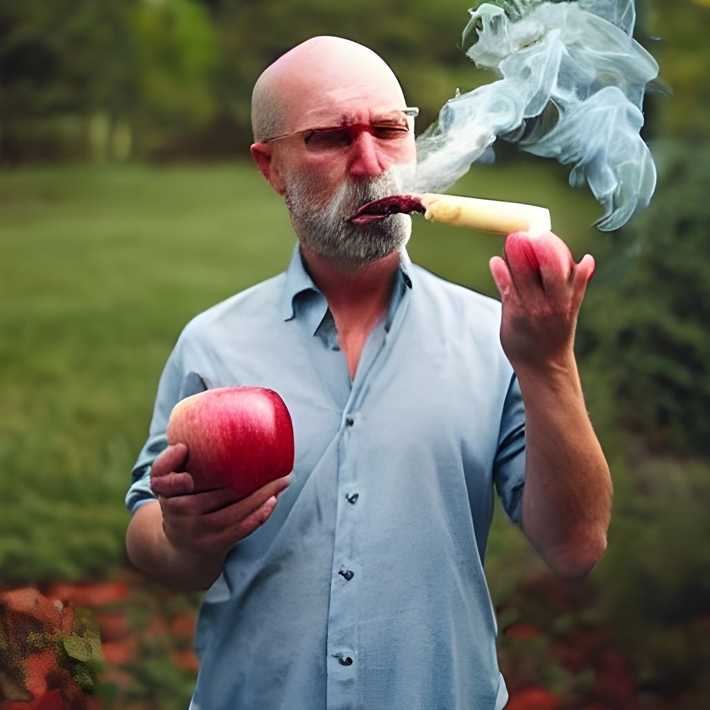 A grumpy guy relentlessly smoking an apple.