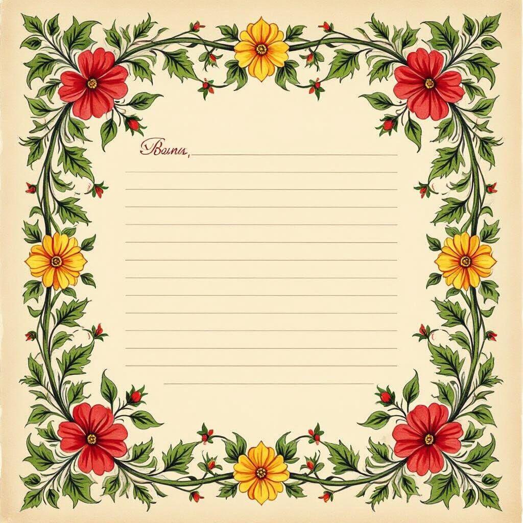 Create a Floral Frame Elegance. Design a formal, plane writing pad with a frame of green vines adorned with alternating red and yellow flowe...