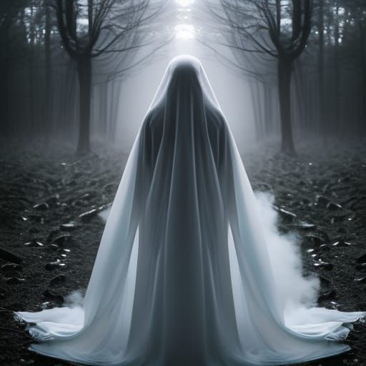 ghost-girl full form angle, no face, no hands, covered in white robe ...