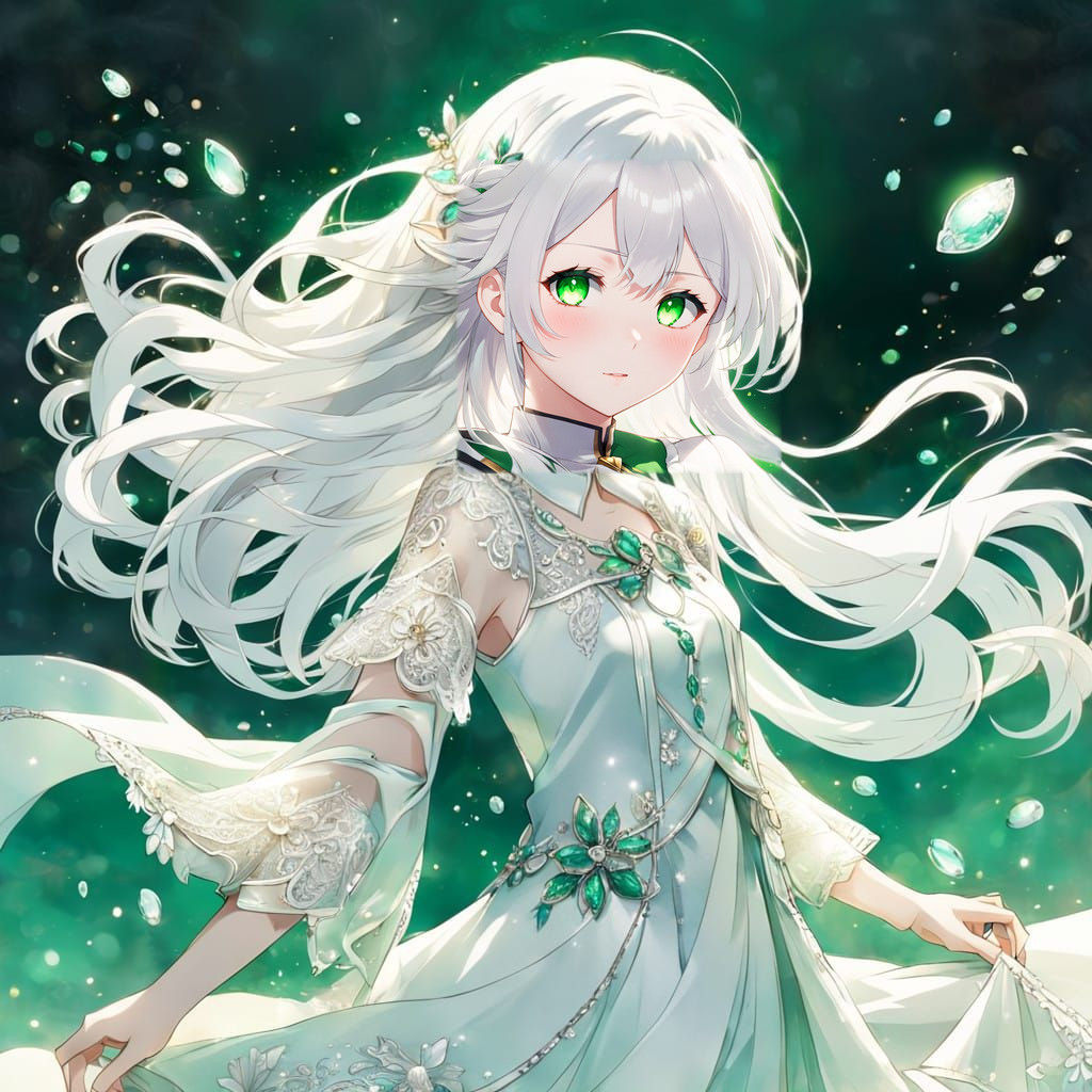 Anime Girl with White Hair and Green Eyes in Elegant White D...