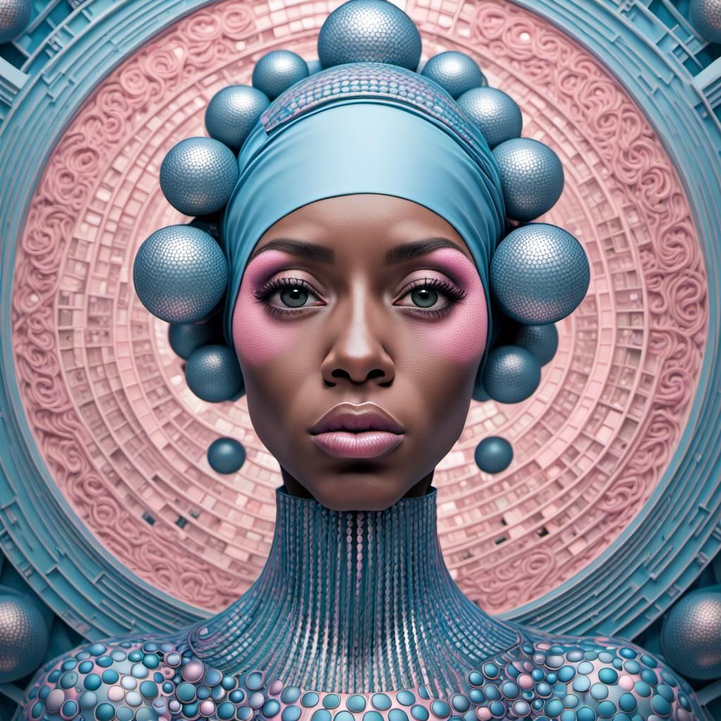 pastel blue and pink art deco African American woman’s face surrounded ...