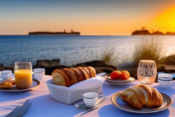 A table set for breakfast on the beach with a croissant, coffee, and orange juice in the foreground and ...  by @Melle Belleoen