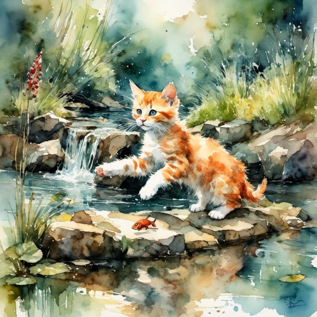 A ginger kitten tries to catch a fish at the pond