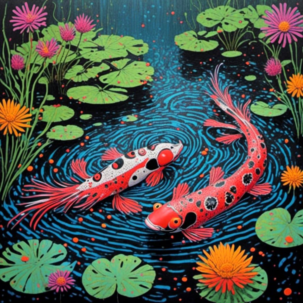<lora:Flamingo Fancy:1.0> Koi pond 