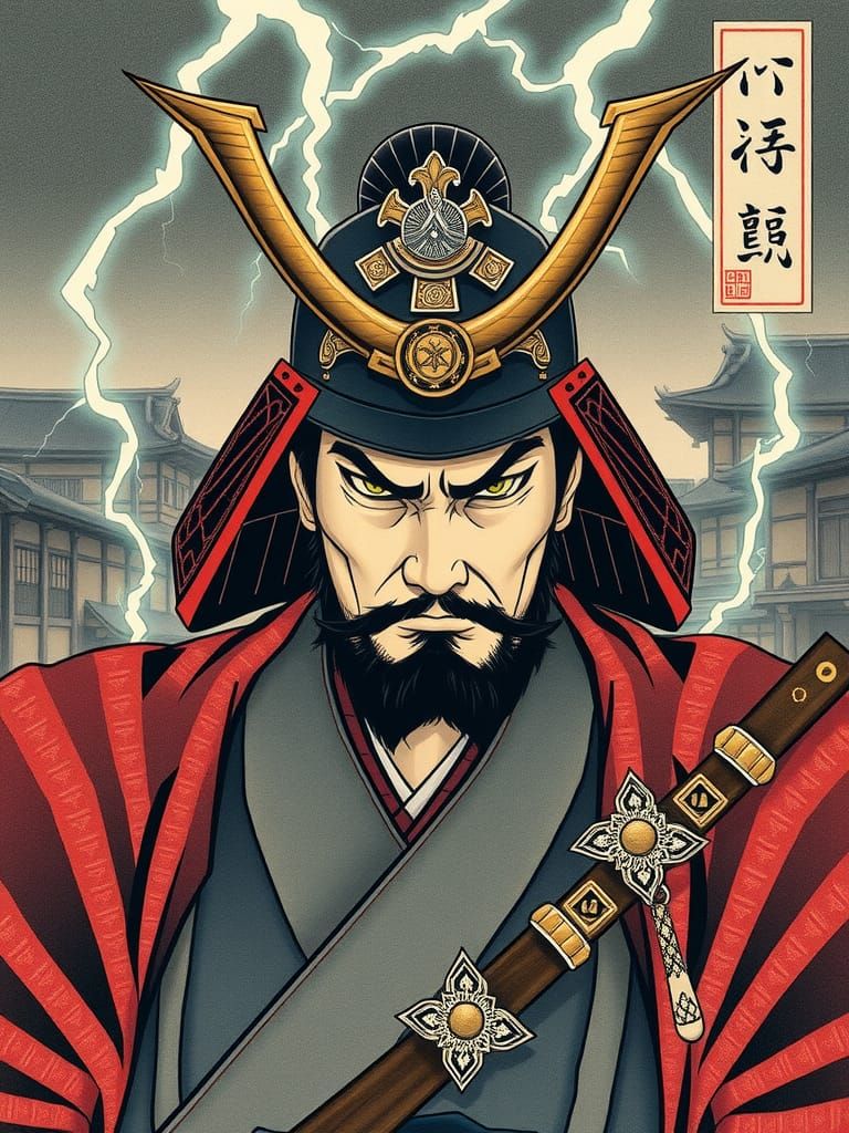 samurai, Miyamoto Musashi, with stern look, lightning aura, ...