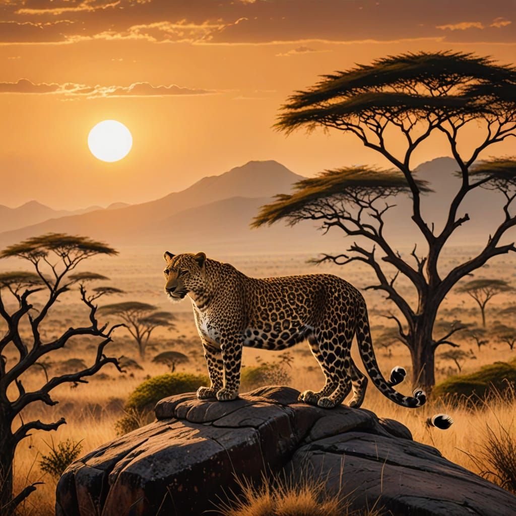 A view from a distance of A stunning image of a Africa plateau with a single leopard watching over its ...  by @Chuma Sam