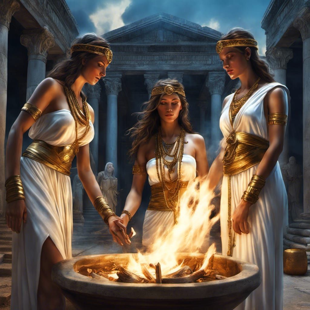 550 BCE Amazonian priestesses with brown wavy hair, blue eye...