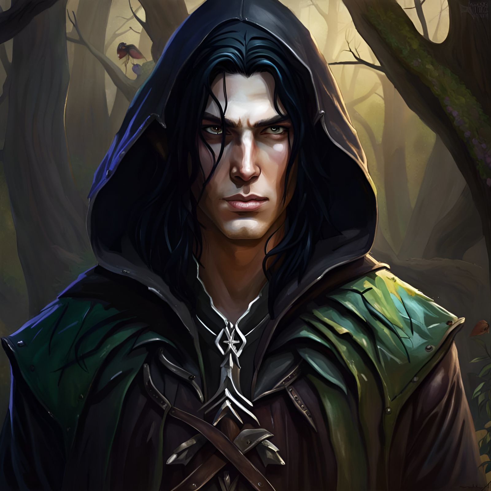 male youthful clean-shaven elf with long black hair and black eyes in ...