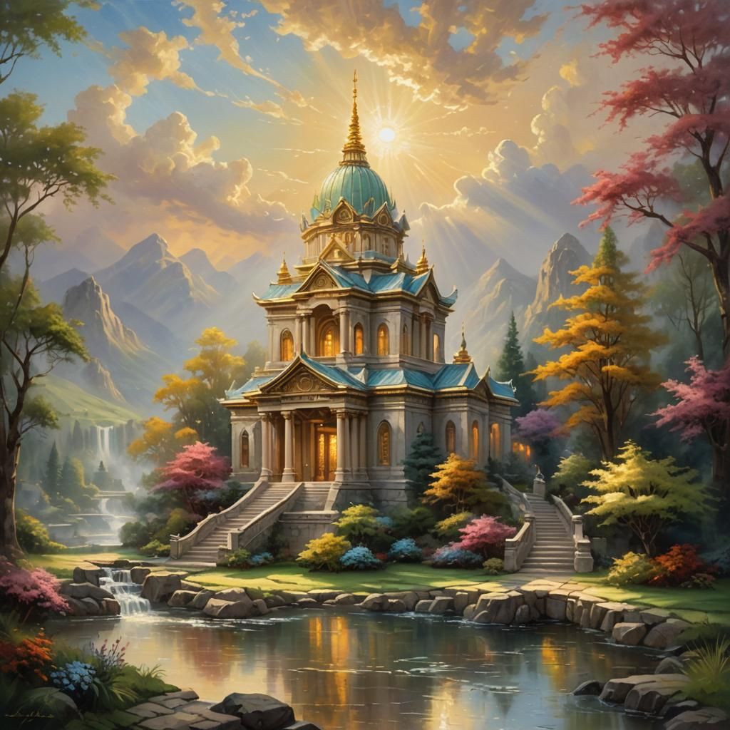 Temple in Divine Light: An Ethereal Oil Painting