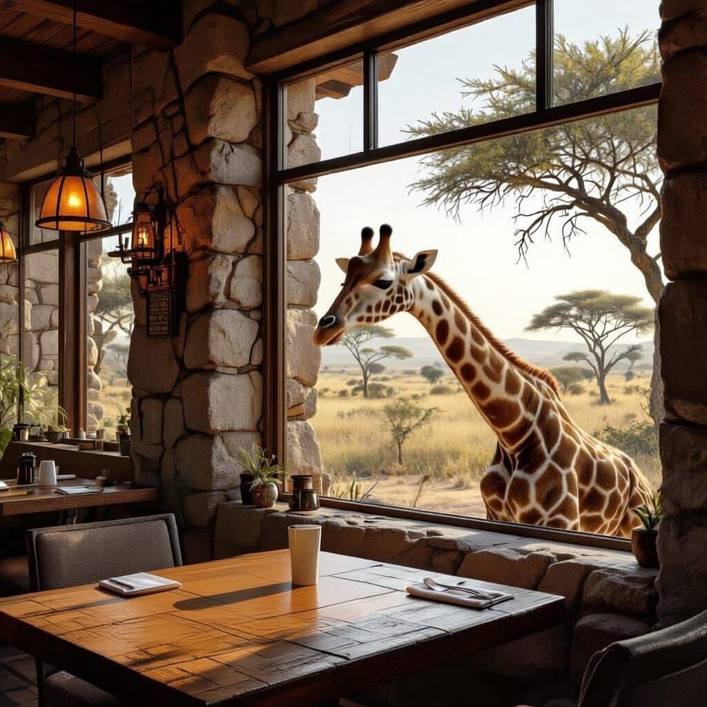 a realistic restaurant with a stone interior, window openings, and a wooden table with wafers on it. Outside the windows, you need to create...