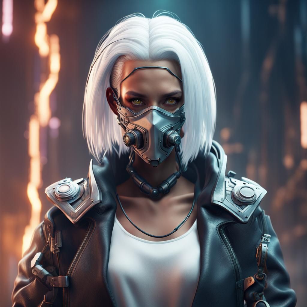 White haired cyberpunk in facemask welding