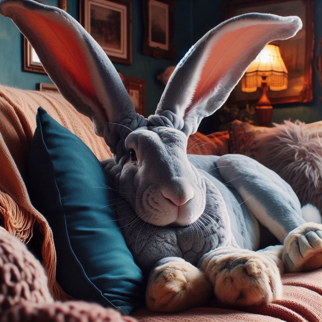 Flemish Giant on a sofa