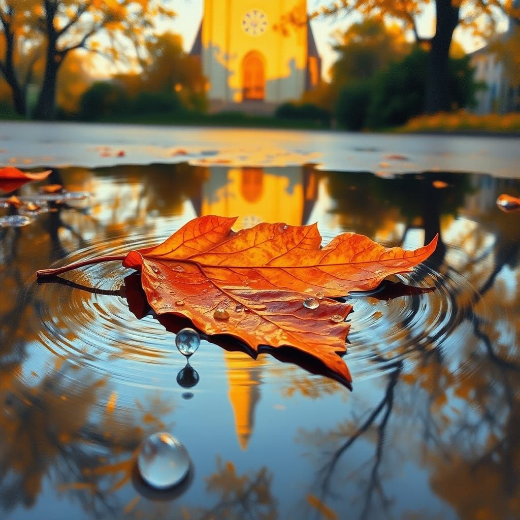 a leaf floating in a puddle reflects in the water in autumn the image of a church the water surface ripples ...  by @Fata Morgana