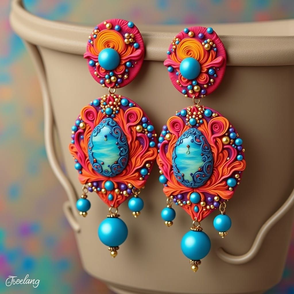 <lora:Making Jewelry:1.0> Intricately crafted polymer clay earrings adorned with vibrant, bright colored beads, luminous pearls, and sparkli...