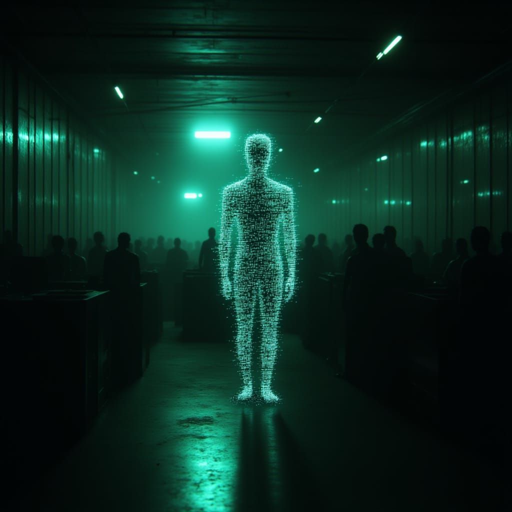  <lora:GlitchFlux MJ6-1:1.3> A humanoid figure made of disintegrating particles, set within an office building. The scene is characterized b...