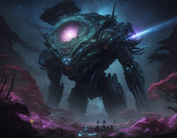 Ancient Mecha in Cosmic Nebula, Surreal Digital Art