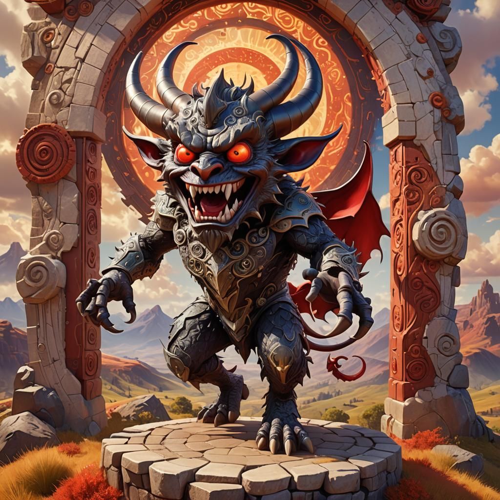A charismatic, horned devil with a mischievous grin and spar...
