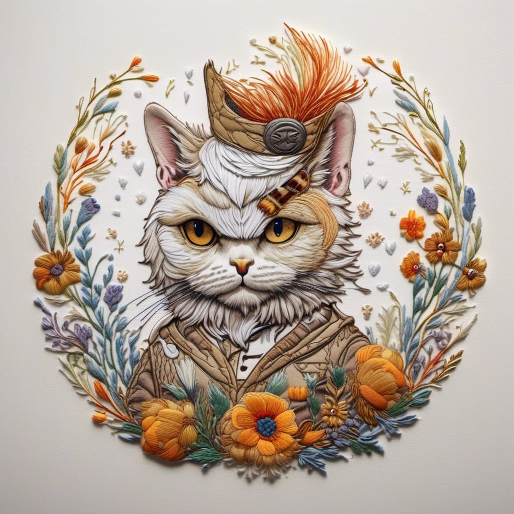 <lora:FloraFaunaSkulls:0.5> scout patch, Cat wearing a chicken costume, embroidered design, activity design, crisp line, ultra-detailed phot...