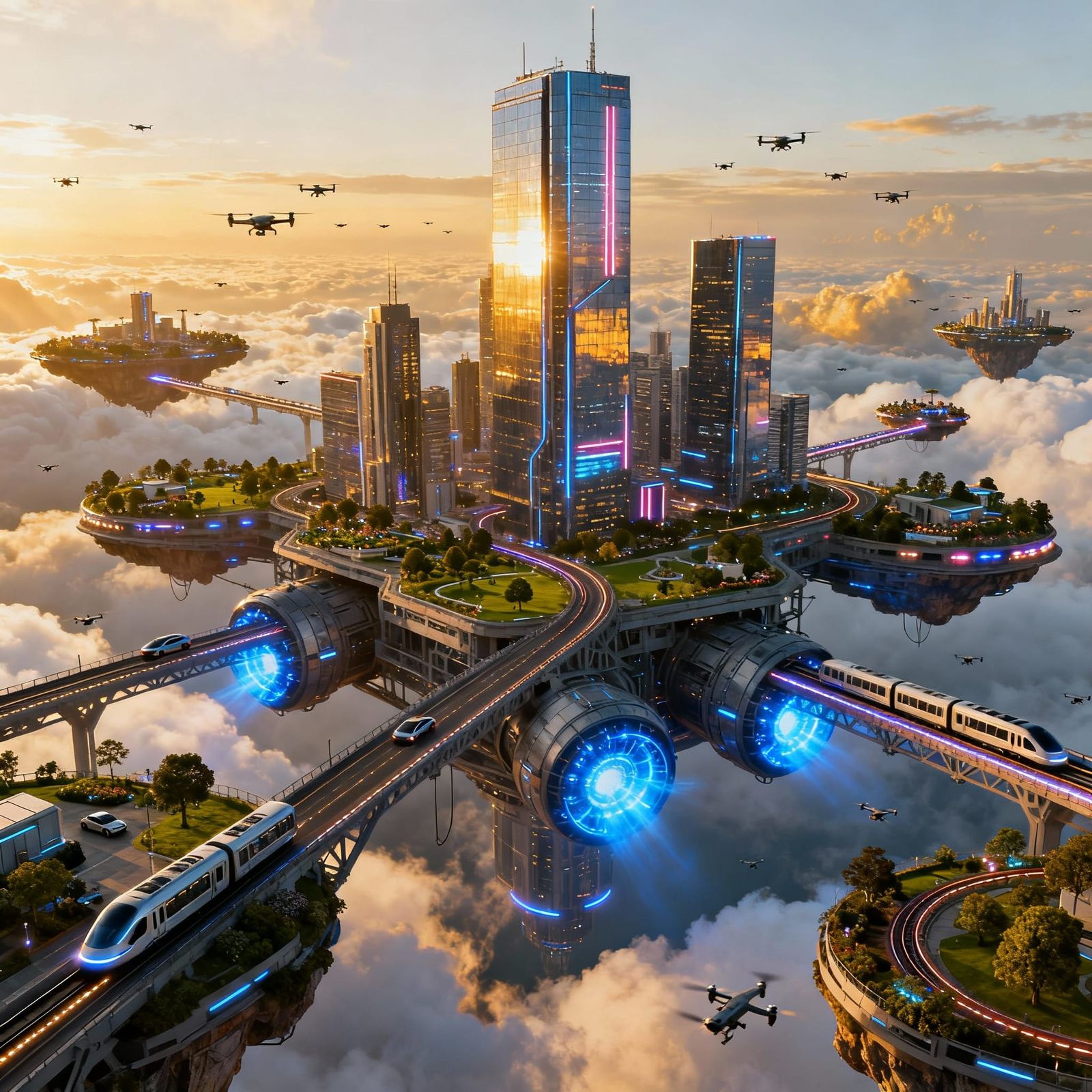 A hyper-realistic modern metropolis floating high above the clouds. Sleek glass skyscrapers with neon ...  by @Author JW Kiefer