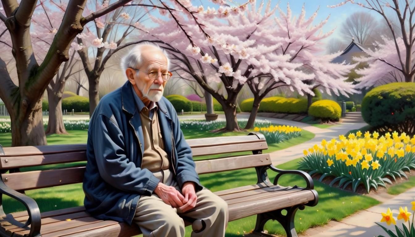 Transport yourself to a serene garden filled with cherry blossoms and daffodils, an old man and sitting ...  by @ le barbouilleur