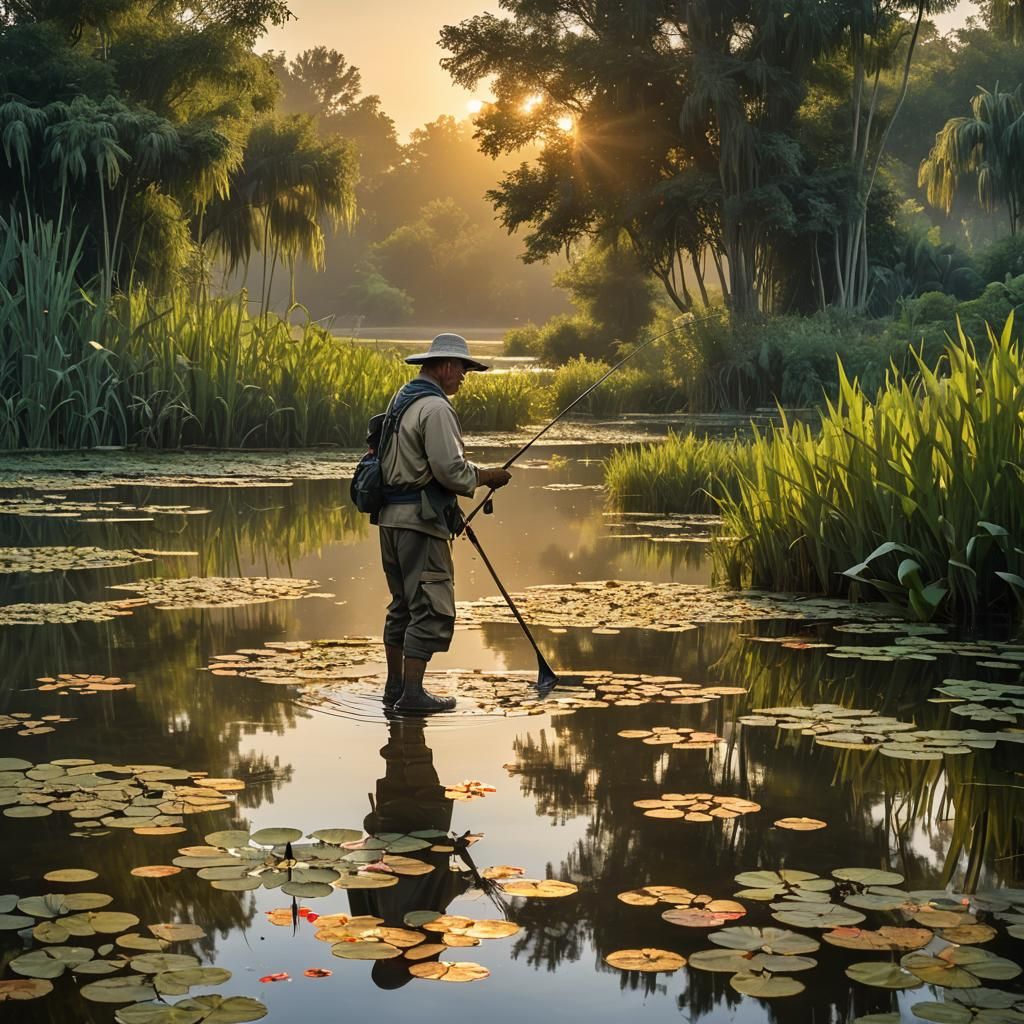 A serene and picturesque scene of a fisherman standing in a ...