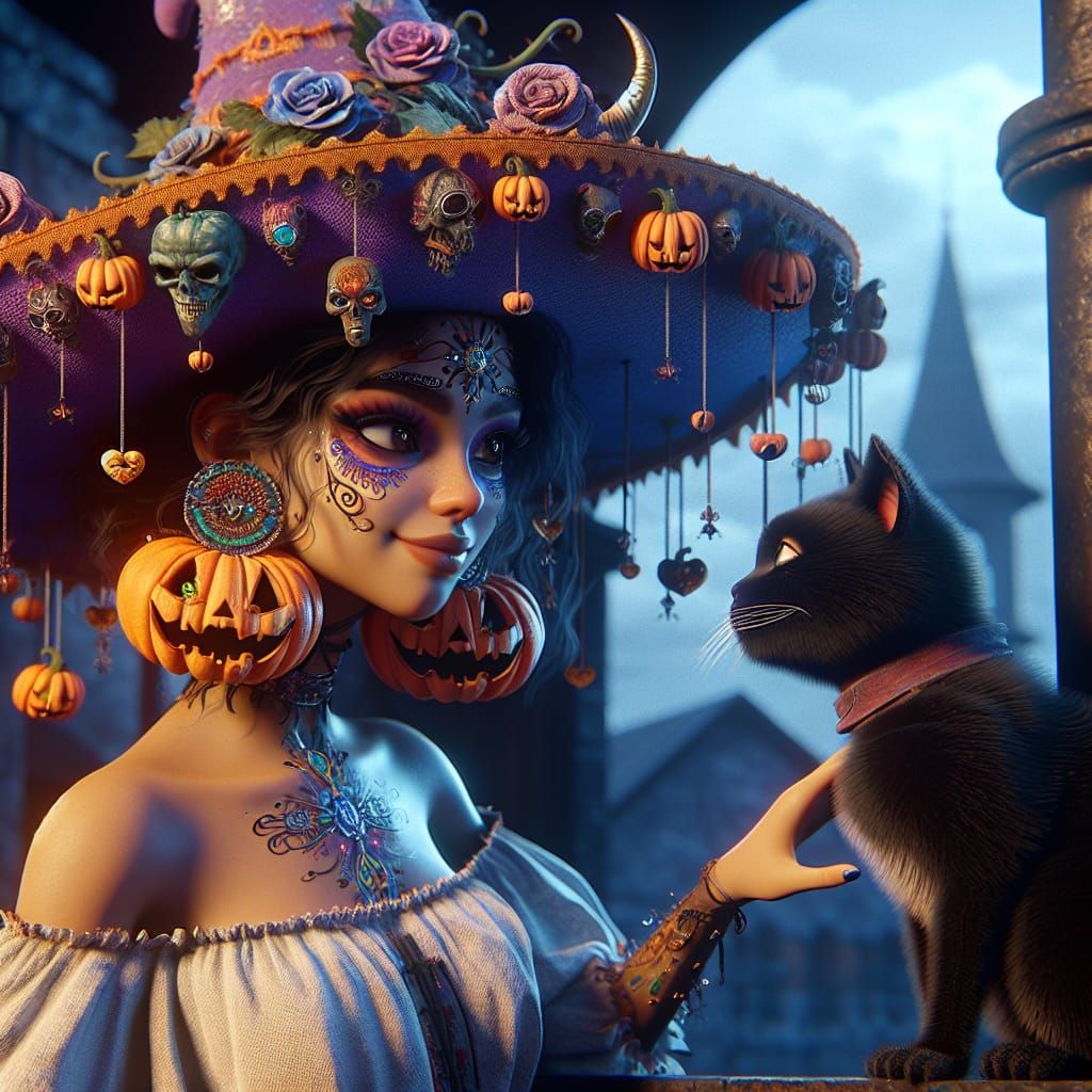 Latina Girl with Pumpkin Hat and Cat, Fantasy Art