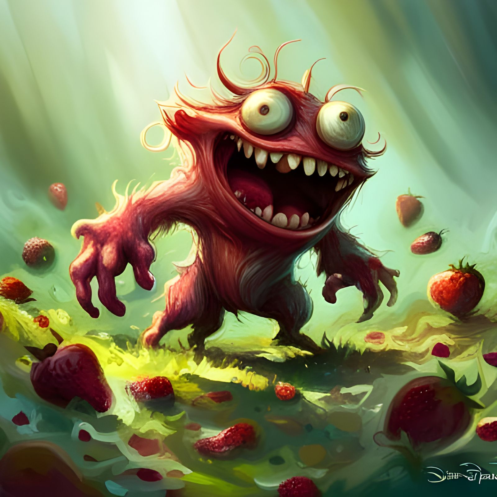 happy red monster chassing strawberries - AI Generated Artwork ...