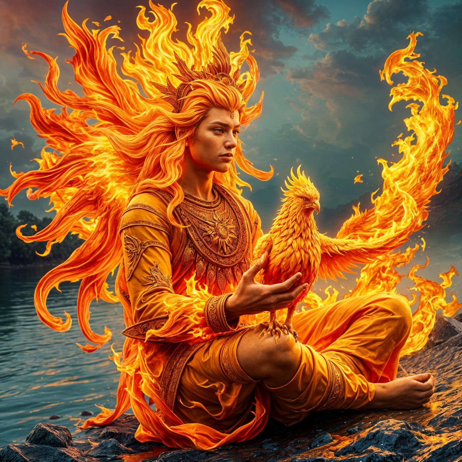 On the bank of the river sits a young sun god, made of tongues of flame, in a fiery outfit, and holds ...  by @Schoor
