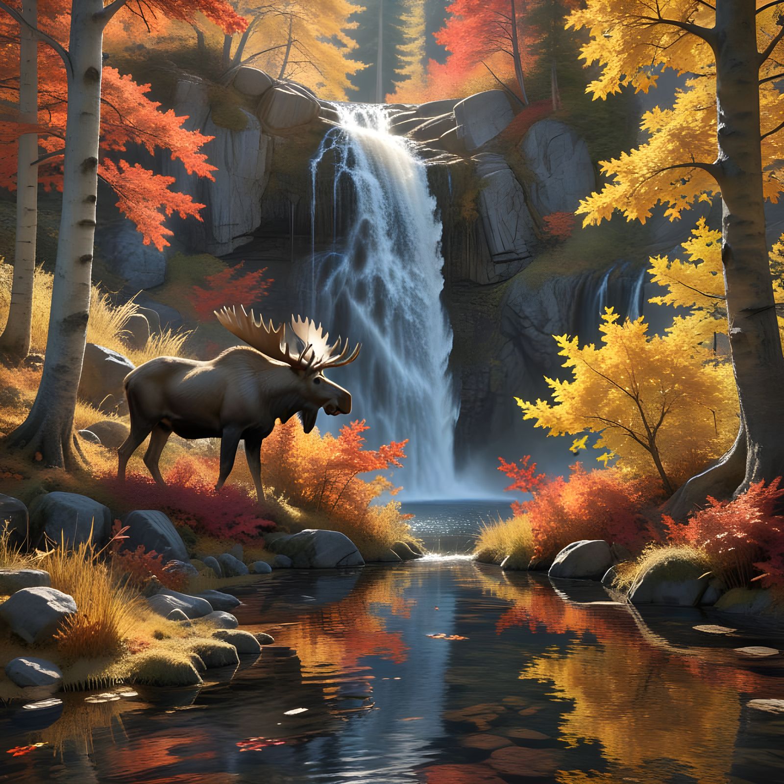 A waterfall in an autumn forest.  by @Eto Demerzel