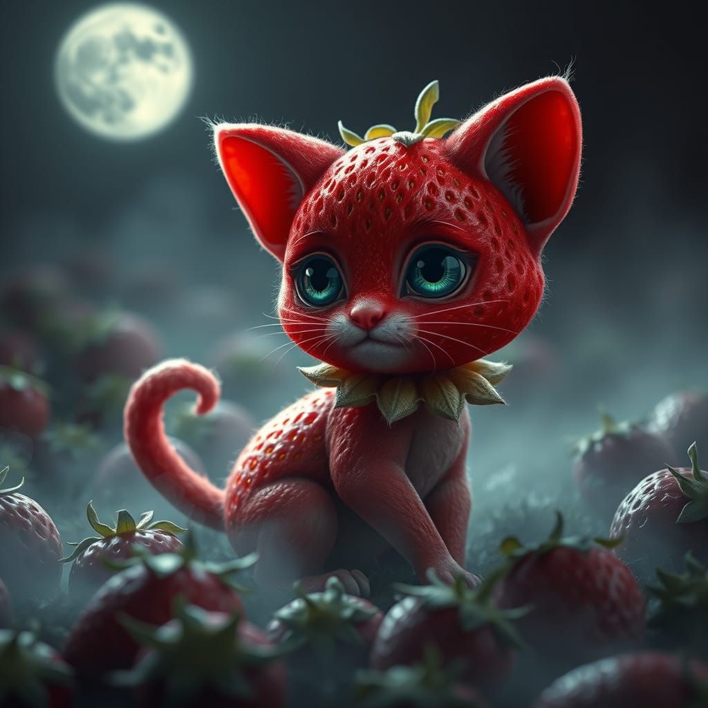 The background is a strawberry field. Illustrate a scene featuring an enchanting creature that is a fusion ...  by @Kathy A Lindsey