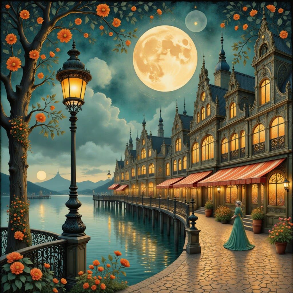 Waterside Town By The Moonlight