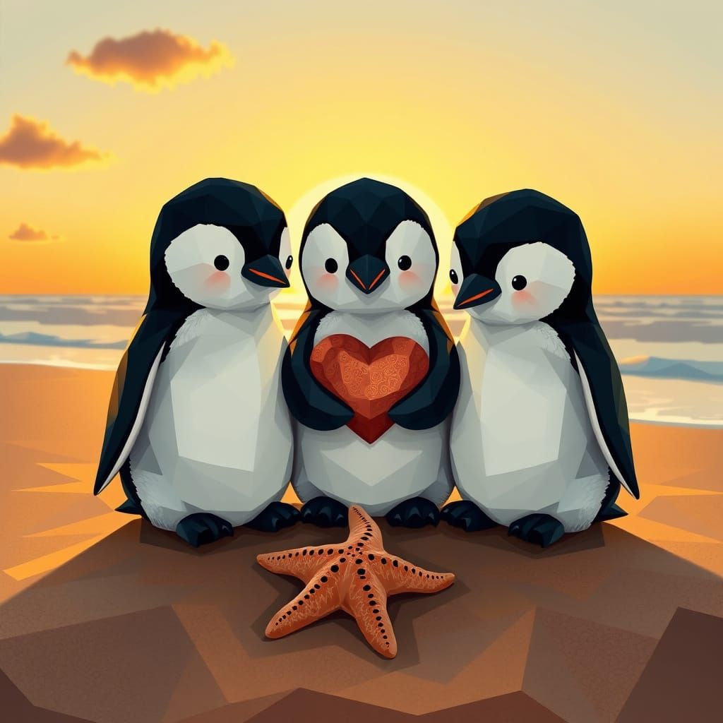 Plush Penguins on Beach in Cubist Art Deco Style