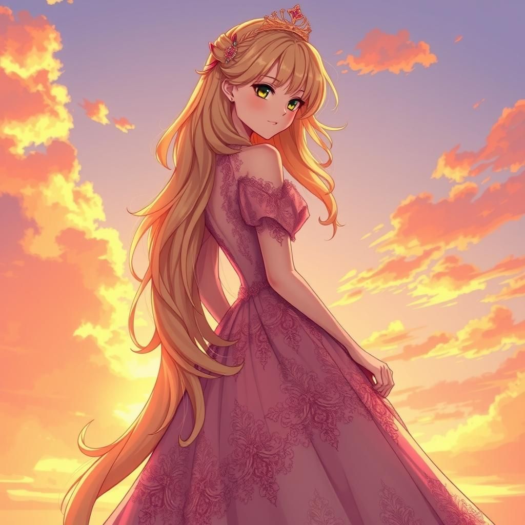 Golden-Haired Anime Girl in Exquisite Gown, Manga Style