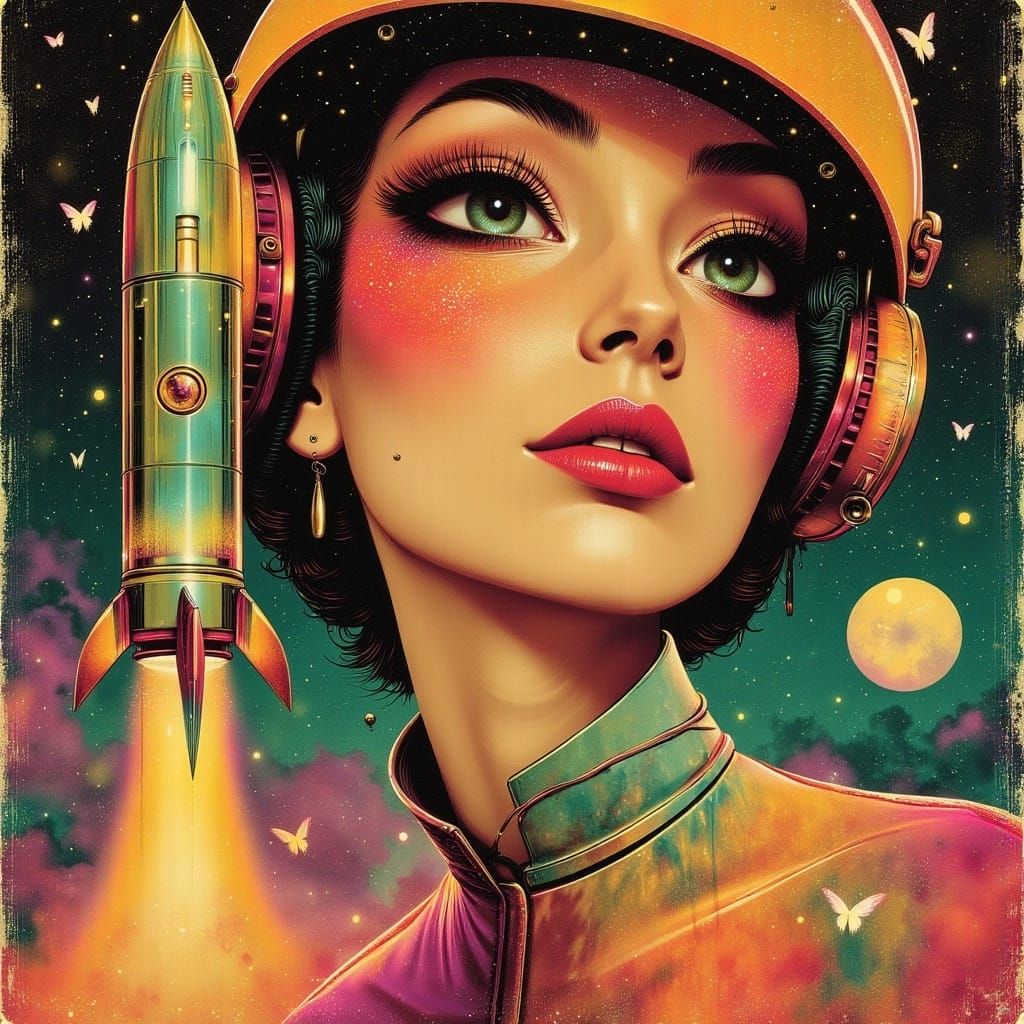 Vibrant Pinup Girl Rocketeer in Retro-Futuristic Style