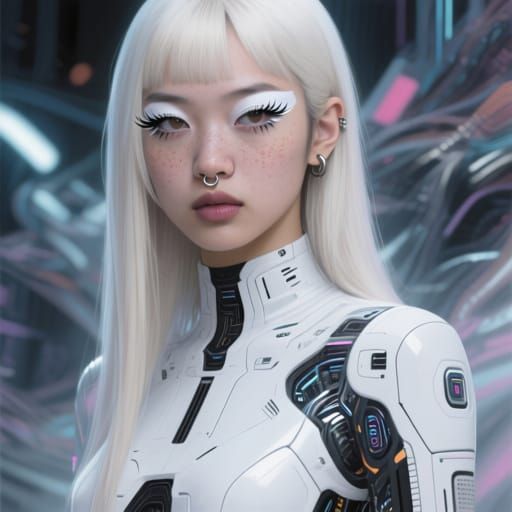 full body incredibly futuristic Surreal cybergoth portrait of a woman with realistic cyberpunk aesthetic and futuristic vibe 23 year old Asi...