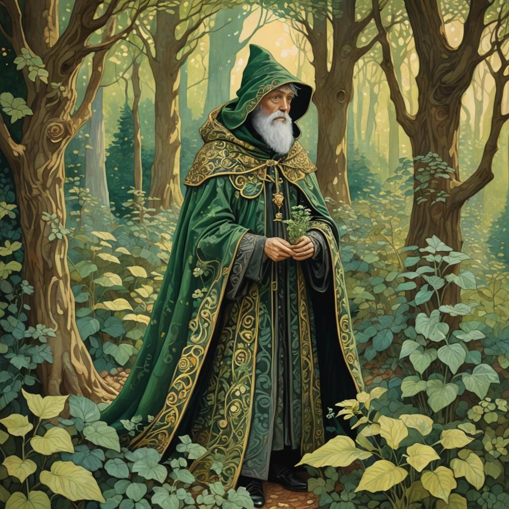 Art nouveau, elf cleric wearing a cloak gathering herbs in a...