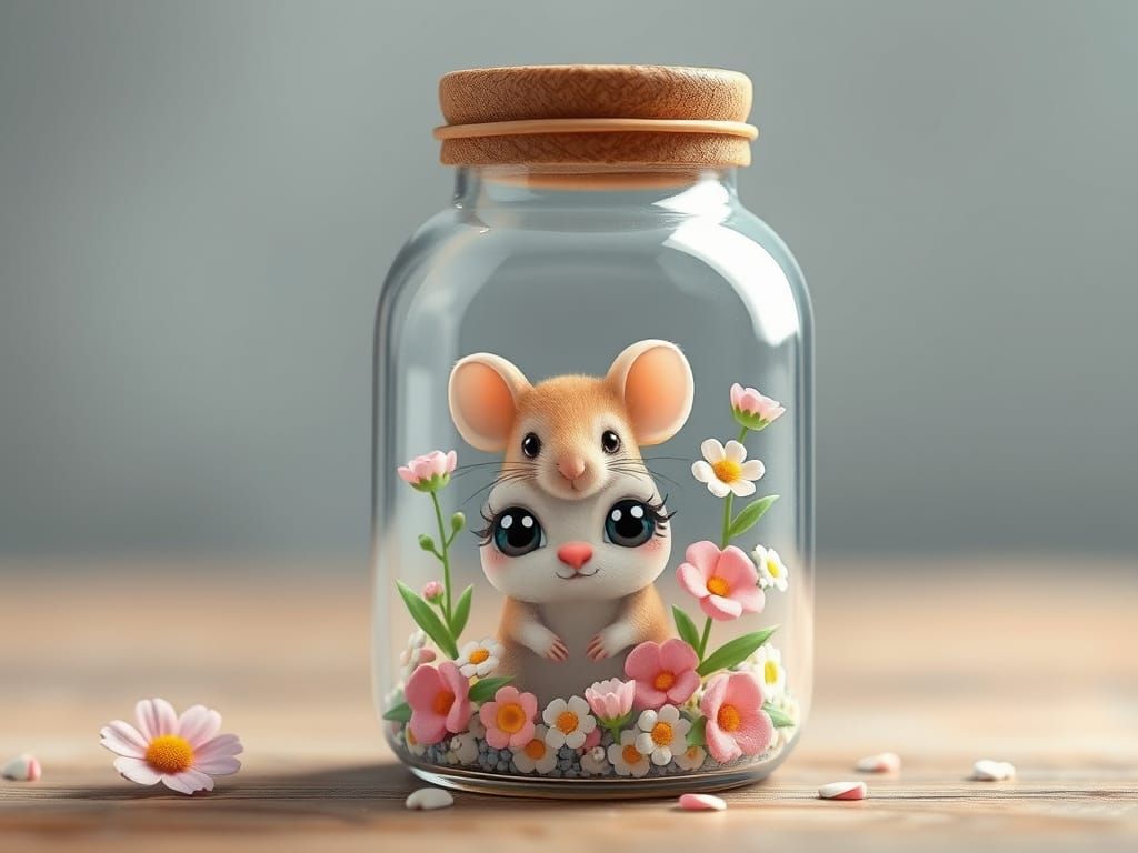 kawaii scene in a bottle, adorable, cute, big eyes, pastels, mouse, flowers