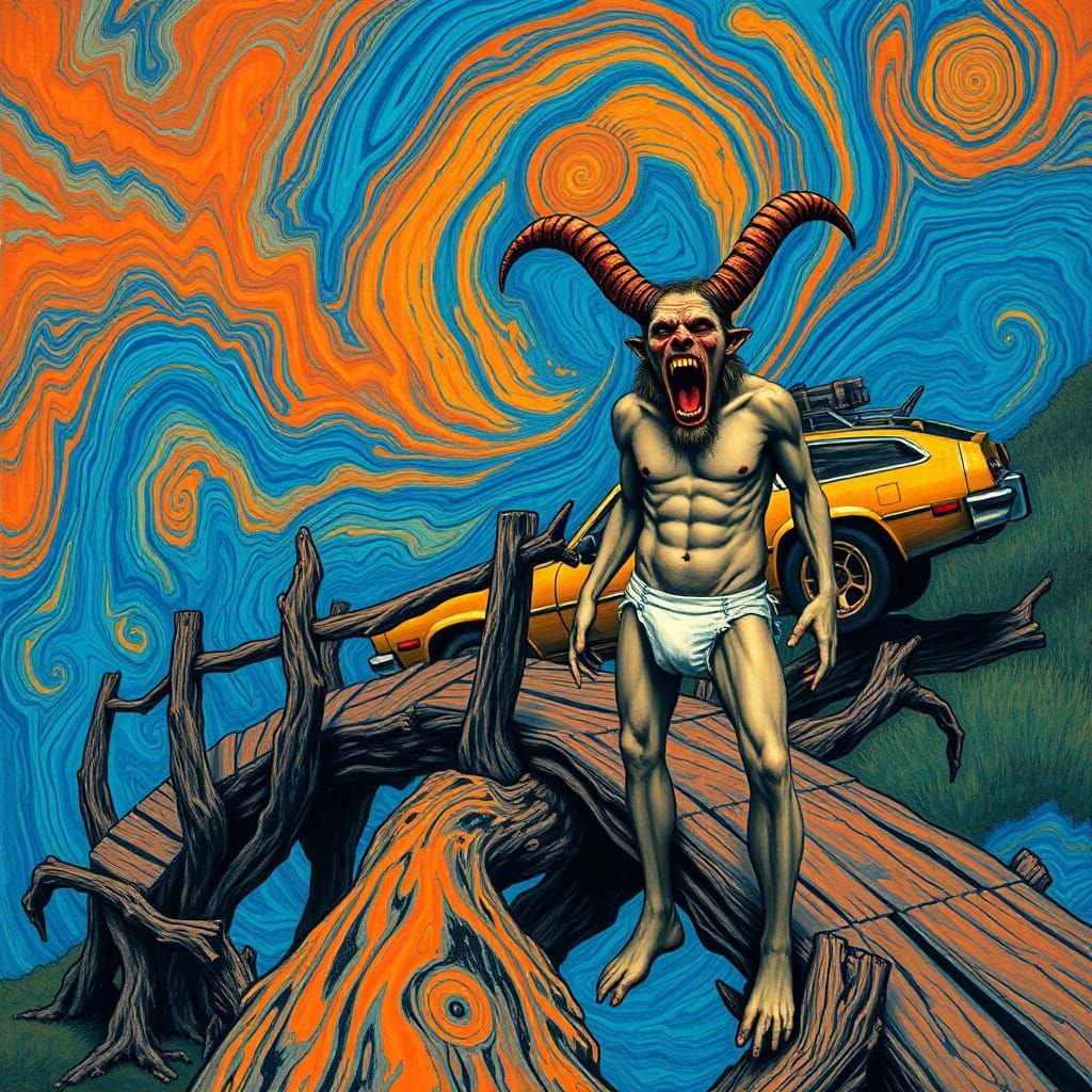 An intensely emotive anthropomorphic screaming horned  god w...