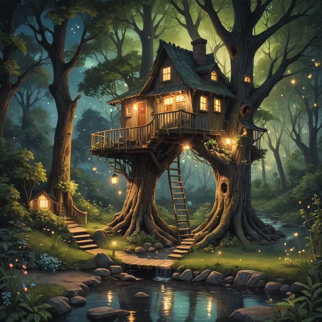 Magical depiction of a tree house next to a small stream whe...