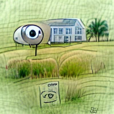 house with big eyes in a field cartoon