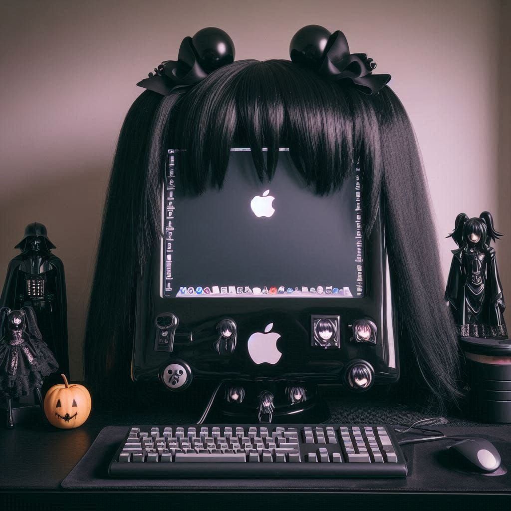 Old school iMacs wearing goth wigs.