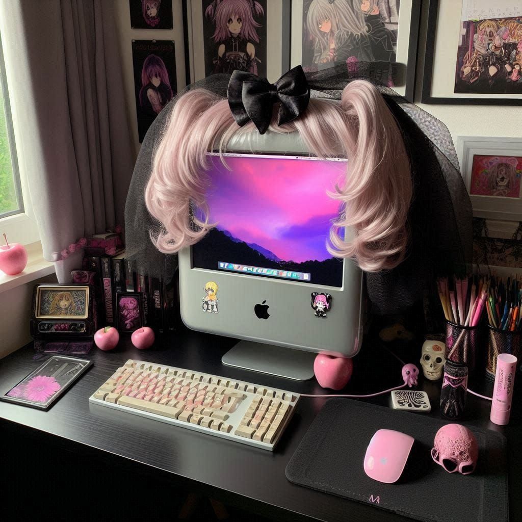 Old school iMacs wearing goth wigs.
