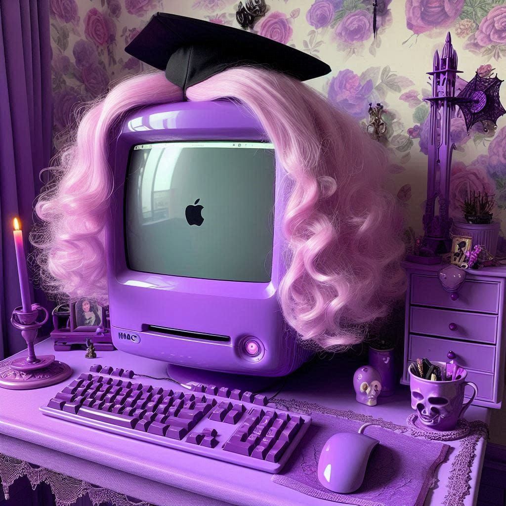 Old school iMacs wearing goth wigs.