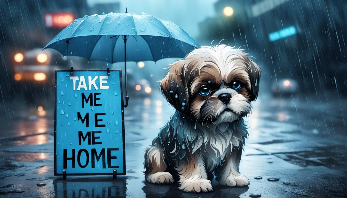 Sad Shih Tzu Puppy in Rain: A Touching Image
