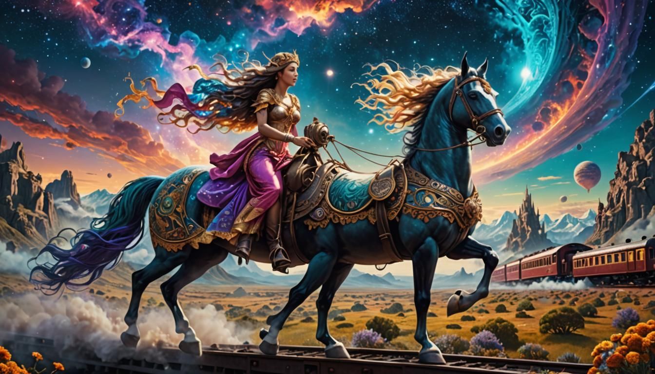 Goddess on horse, floating in a surreal astral landscape wit...