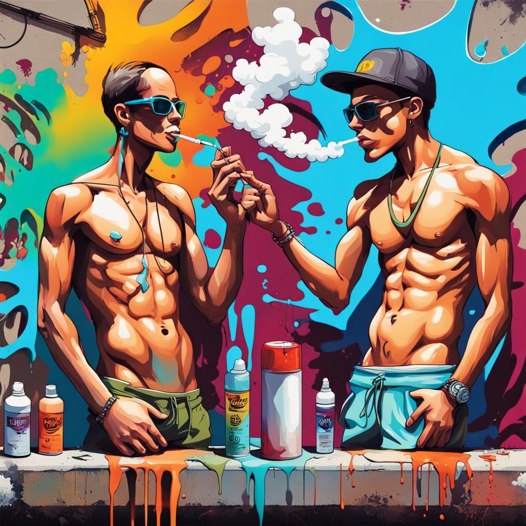 create a cartoon of two stylish boys smoking with women in b...